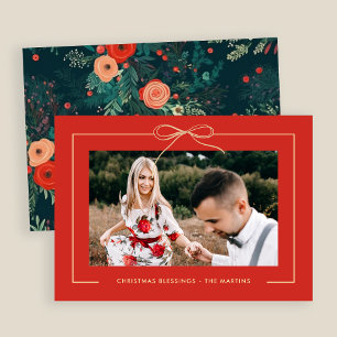 Floral Red Festive Bow Framed Photo Christmas  Holiday Card