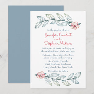 Floral Red Flower Blue Grey Leaf Boho Wedding Invitation