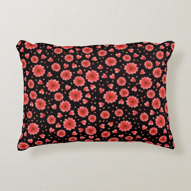 Floral Red Flowers Pattern With Black Background Accent Pillow (Front)