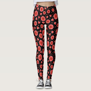 Floral Red Flowers Pattern With Black Background Leggings