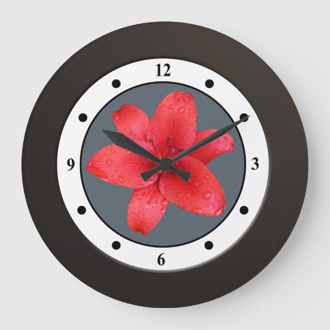 Floral Red Garden Flower Modern Digits Large Clock (Front)