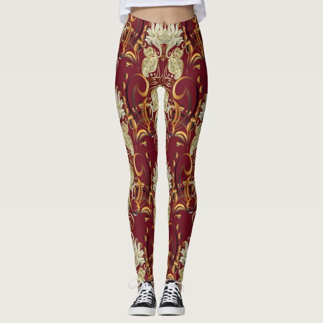 Floral red-gold, luxurious vintage pattern. leggings (Front)