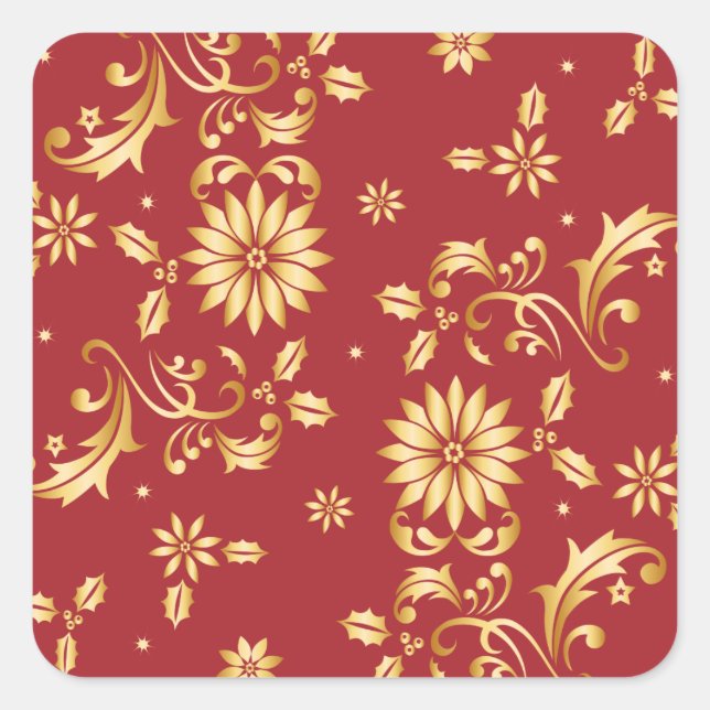Floral Red Gold Stars Christmas Party Metallic Square Sticker (Front)