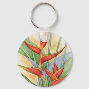 Floral Red Heliconia Tropical Flowers Painting Keychain