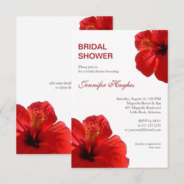 Floral Red Hibiscus Tropical Bridal Shower Invitation (Front/Back)