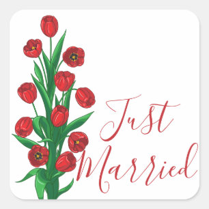 Floral Red Just Married Tulips Wedding Flowers Square Sticker