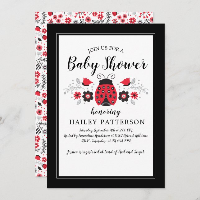 Floral Red Ladybug Baby Shower Invitation (Front/Back)