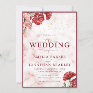 Floral Red Marble Script Overlay Wedding Invitati Invitation