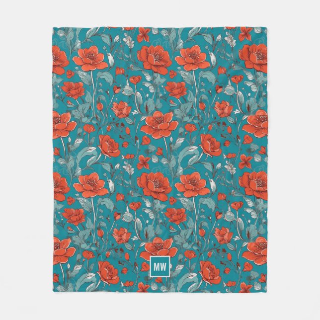 Floral, red orange, poppies teal setting monogram fleece blanket (Front)