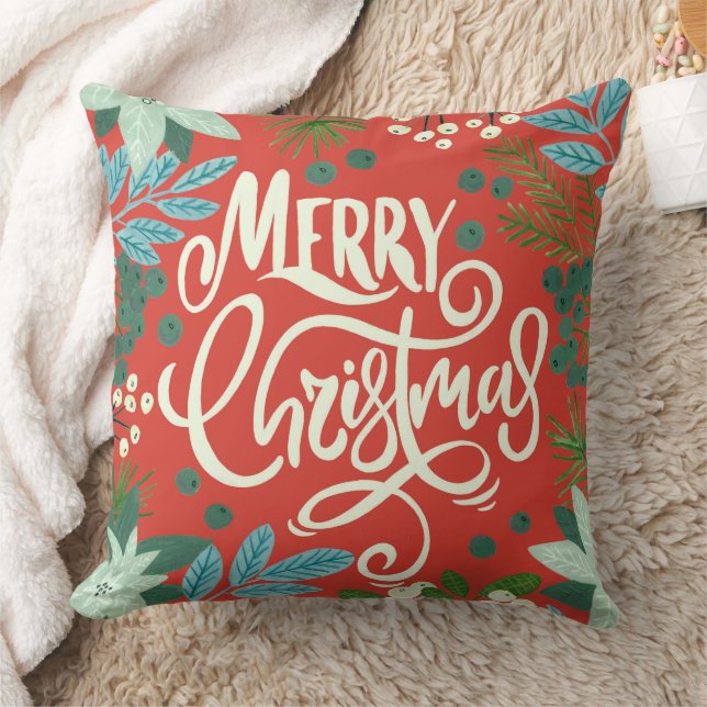 Floral red Our First Christmas photo Throw Pillow (Blanket)