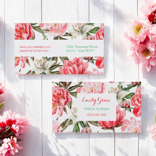Floral Red Pink Flowers Pattern Business Card