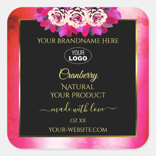 Floral Red Pink Marble Black Product Labels Logo (Front)