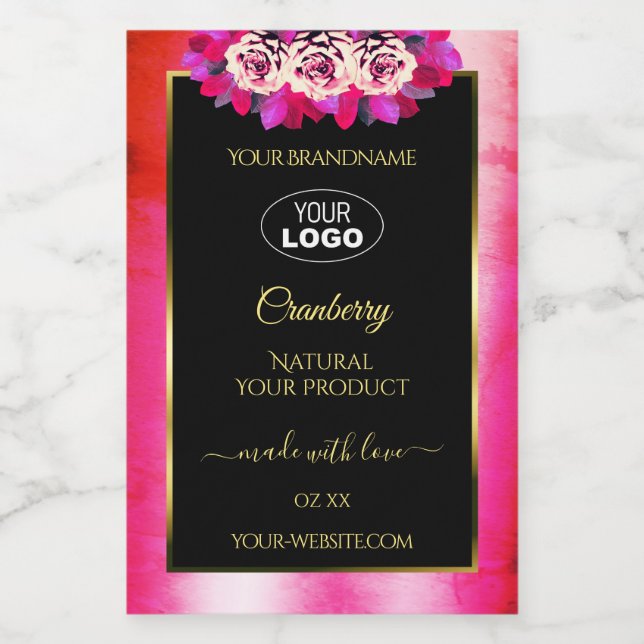 Floral Red Pink Marble Black Product Labels Logo (Single Label)