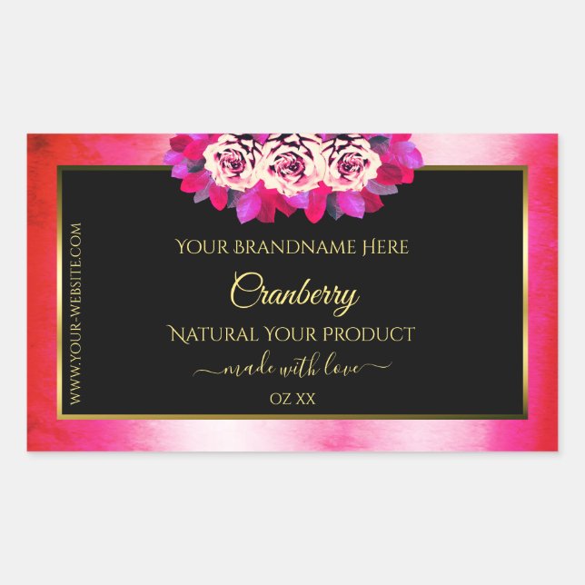 Floral Red Pink Marble Pattern Black Product Label (Front)
