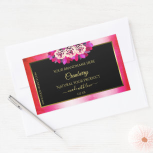 Floral Red Pink Marble Pattern Black Product Label