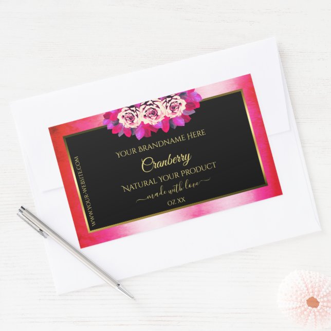 Floral Red Pink Marble Pattern Black Product Label (Envelope)
