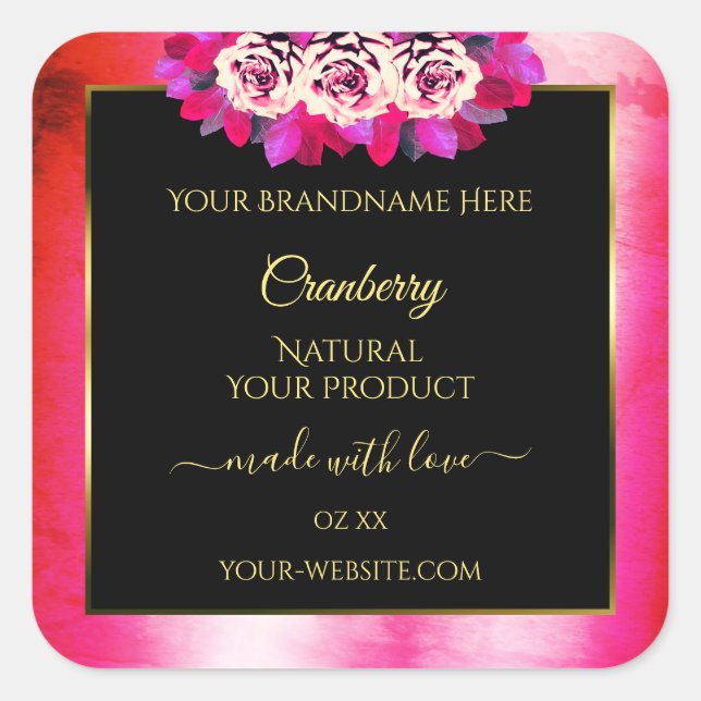 Floral Red Pink Marble Pattern Black Product Label (Front)