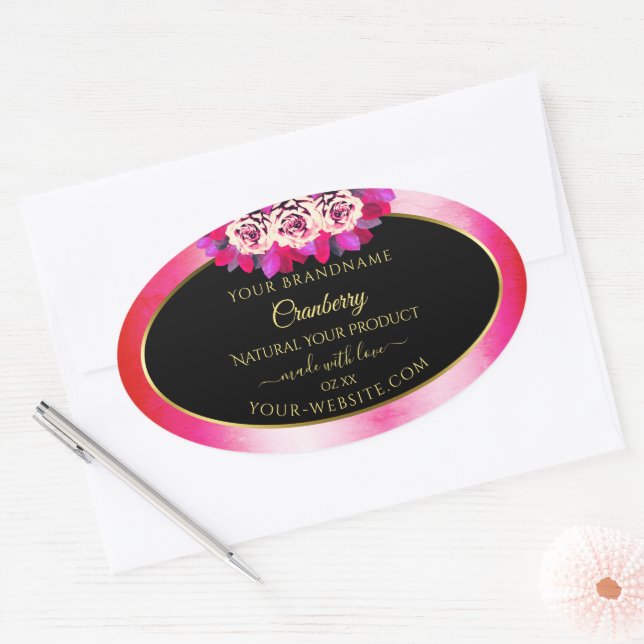Floral Red Pink Marble Pattern Black Product Label (Envelope)