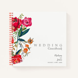 Floral red pink roses Wedding Guest Book