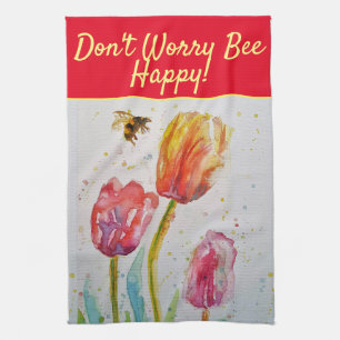 Floral Red Pink Tulip Don't Worry Bee Happy Tea Kitchen Towel
