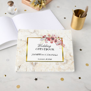 Floral red pink watercolor white marble Wedding Guest Book