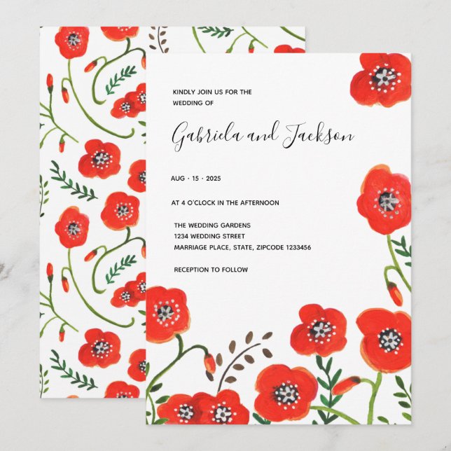 Floral red poppies modern wedding invitation (Front/Back)