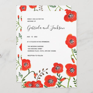 Floral red poppies modern wedding invitation