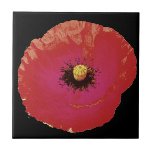 Floral Red Poppy Flower Black Colorful Modern Tile