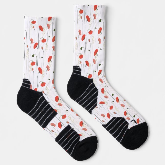 Floral Red Poppy Flower Botanical Pattern Socks (Right)