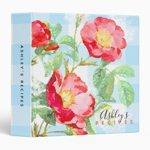 Floral Red Rose Blue Buffalo Plaid Monogram Recipe Binder