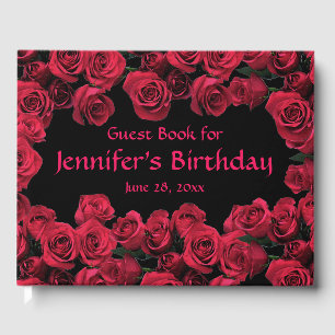 Floral Red Rose Flowers Birthday Party Guest Book