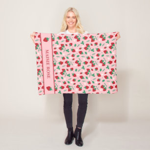 Floral Red Strawberry Pattern Personalized Fleece Blanket