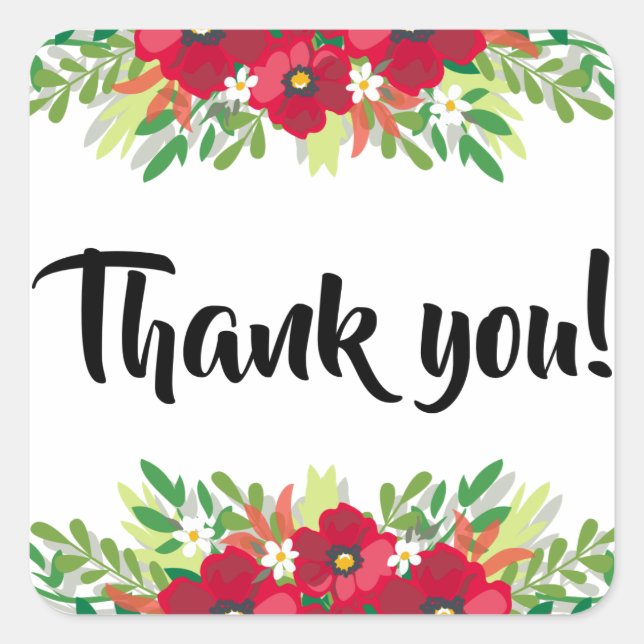 Floral Red Thank You Burgundy Flowers Black Square Sticker (Front)