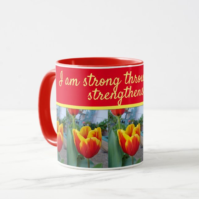 Floral Red Tulip God Quote I am Strong Womans Mug (Front Left)