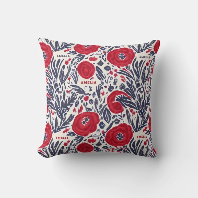 Floral Red White & Blue Botanical Pattern Throw Pillow (Front)