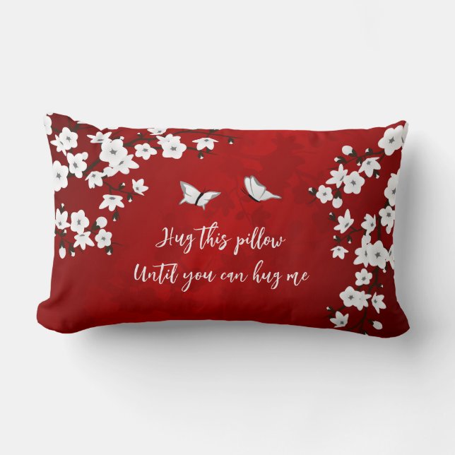 Floral Red White Cherry Blossom "Hug Me" Saying Lumbar Pillow (Front)
