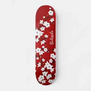 Floral  Red White Cherry Blossom Monogram Skateboard