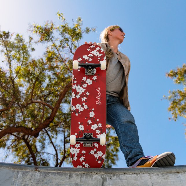 Floral  Red White Cherry Blossom Monogram Skateboard (Outdoor 1)