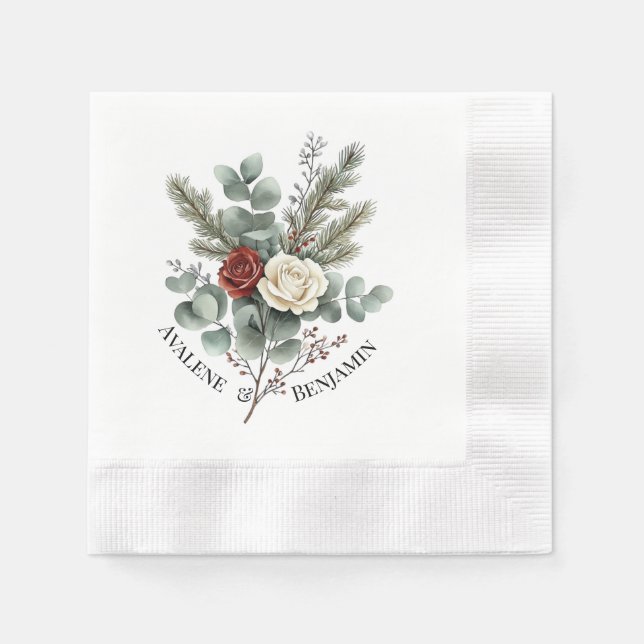 Floral Red White Christmas Roses Wedding Napkin (Front)
