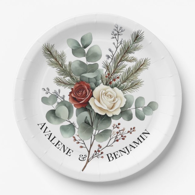 Floral Red White Christmas Roses Wedding Paper Plate (Front)