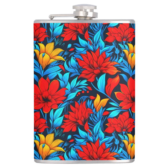 Floral Red yellow Flowers Pattern-13075 Hip Flask (Front)