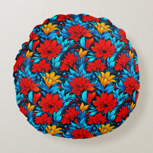Floral Red yellow Flowers Pattern-13075 Round Pillow