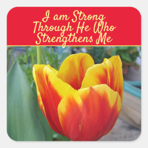 Floral Red Yellow Tulip God Quote I Am Strong Square Sticker