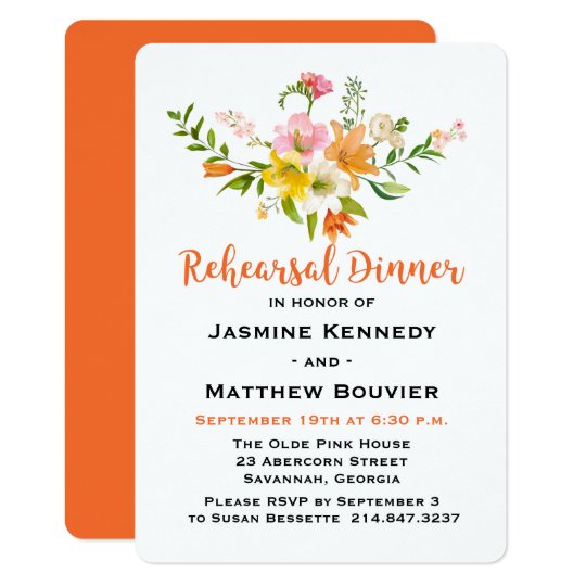 Floral Rehearsal Dinner Lily Flowers Orange, Green Card