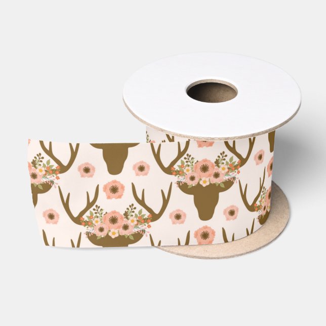 Floral Reindeer Antler Head Boho Rustic Pink Satin Ribbon (Spool)