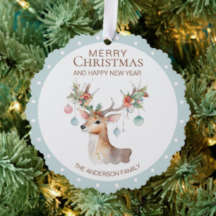 Floral Reindeer Blue Christmas Ornament Card
