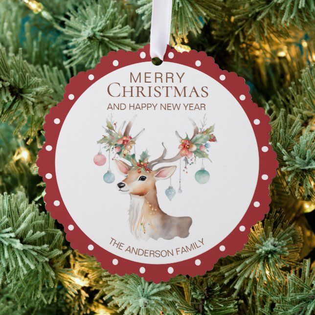 Floral Reindeer Maroon Red Christmas Ornament Card (Insitu (Tree))