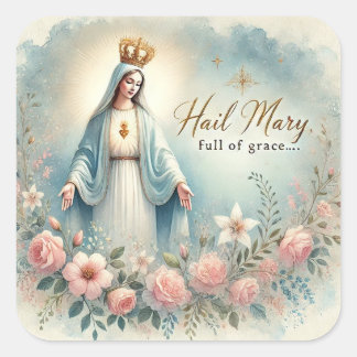 Floral Religious Mother Mary Pink Roses Square Sticker