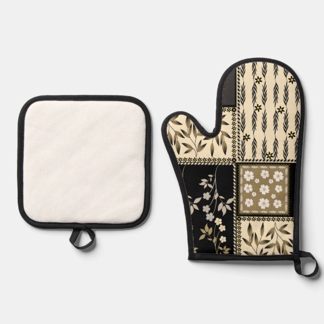 Floral  repeating seamless  pattern textured oven mitt & pot holder set (Front)