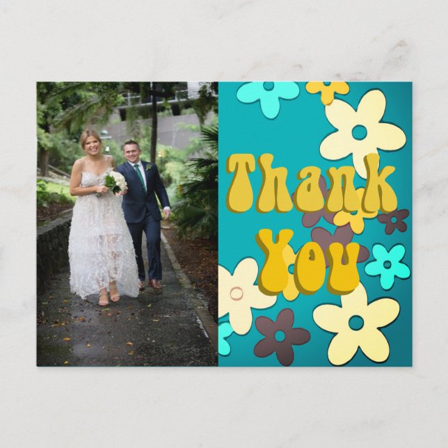 Floral Retro 1970s Chic Wedding Thank You Postcard (Front)